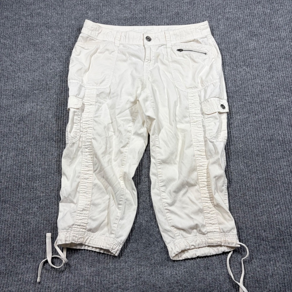 Faded Glory Pants Womens 10 White Cargo Capri Pants Drawstring Hem Cotton Blend